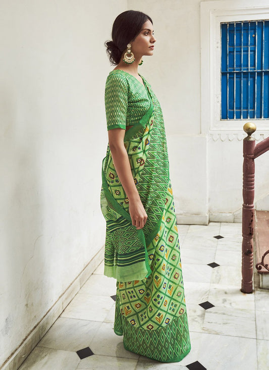 Casual Cotton Green Foil Print Saree