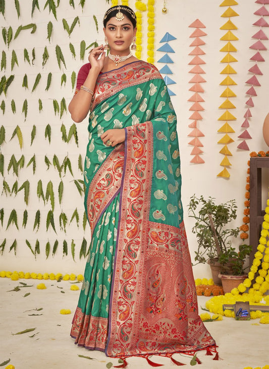 Traditional Saree Silk Green Foil Print Saree