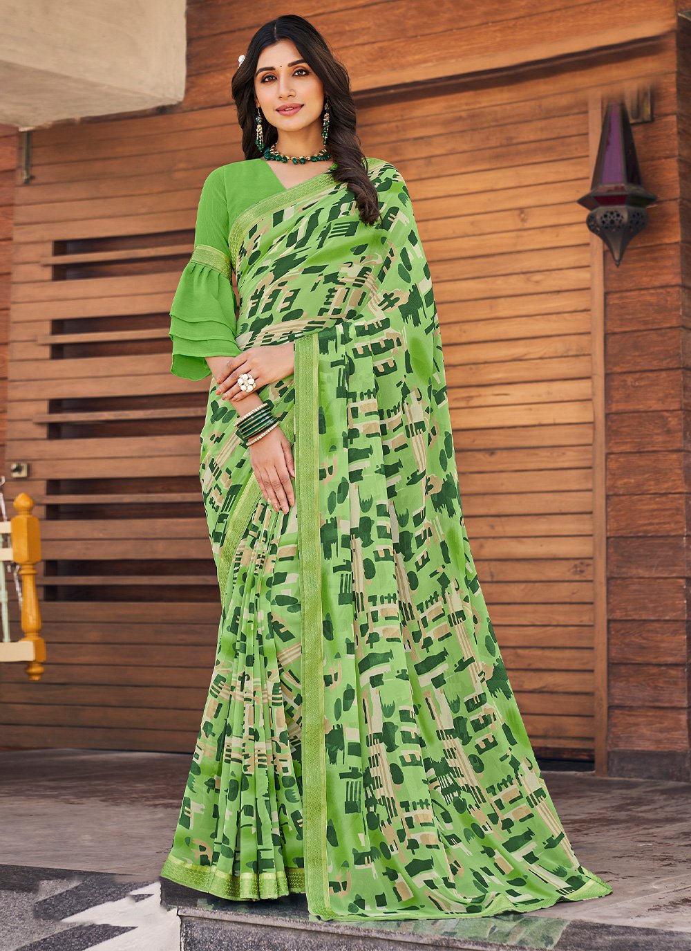 Contemporary Designer Georgette Green Floral Patch Saree