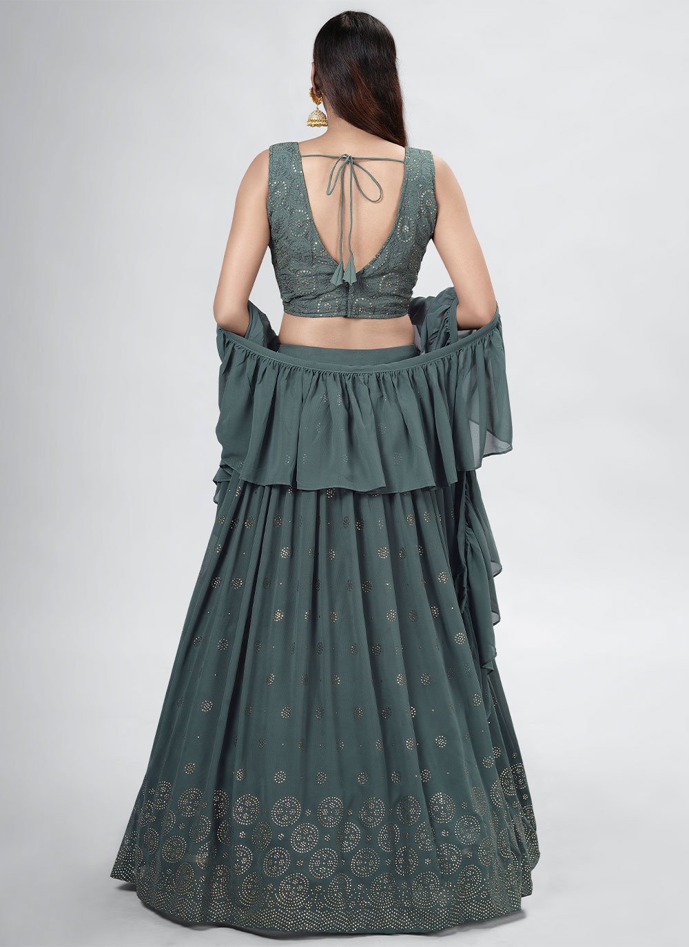 Lehenga Choli Georgette Green Mukesh Work Lehenga Choli