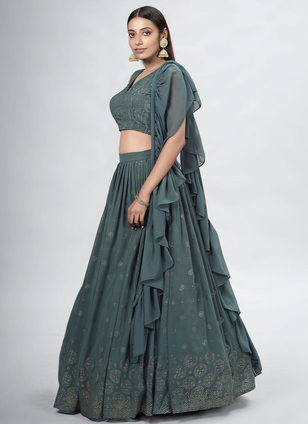 Lehenga Choli Georgette Green Mukesh Work Lehenga Choli