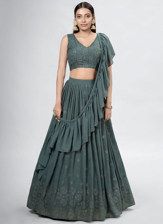 Lehenga Choli Georgette Green Mukesh Work Lehenga Choli