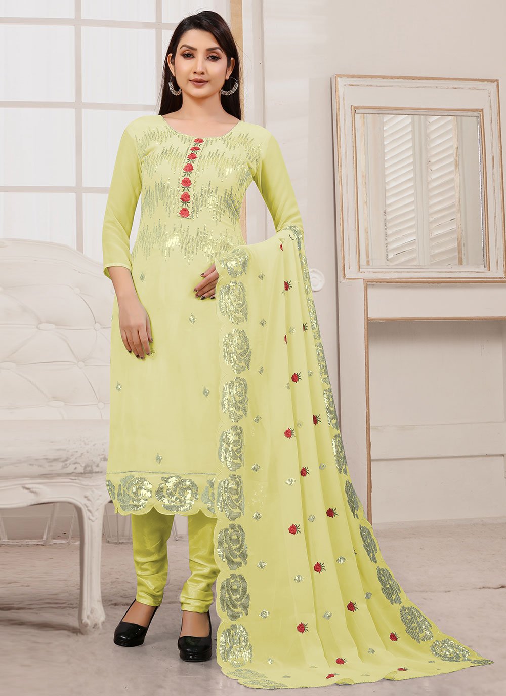 Churidar Suit Georgette Green Embroidered Salwar Kameez