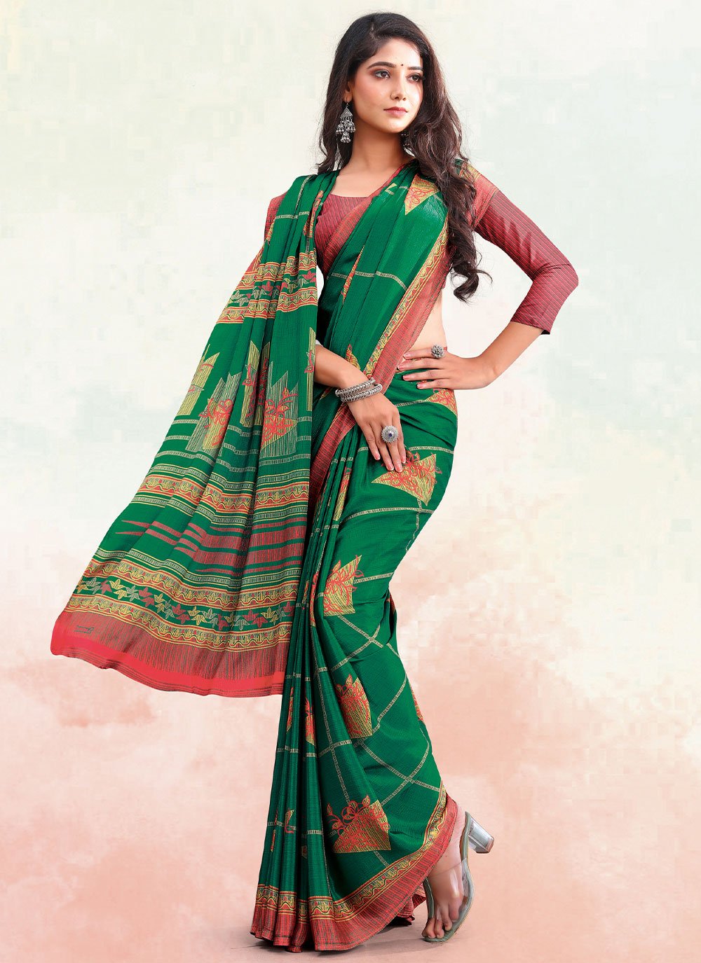 Contemporary Georgette Green Print Saree