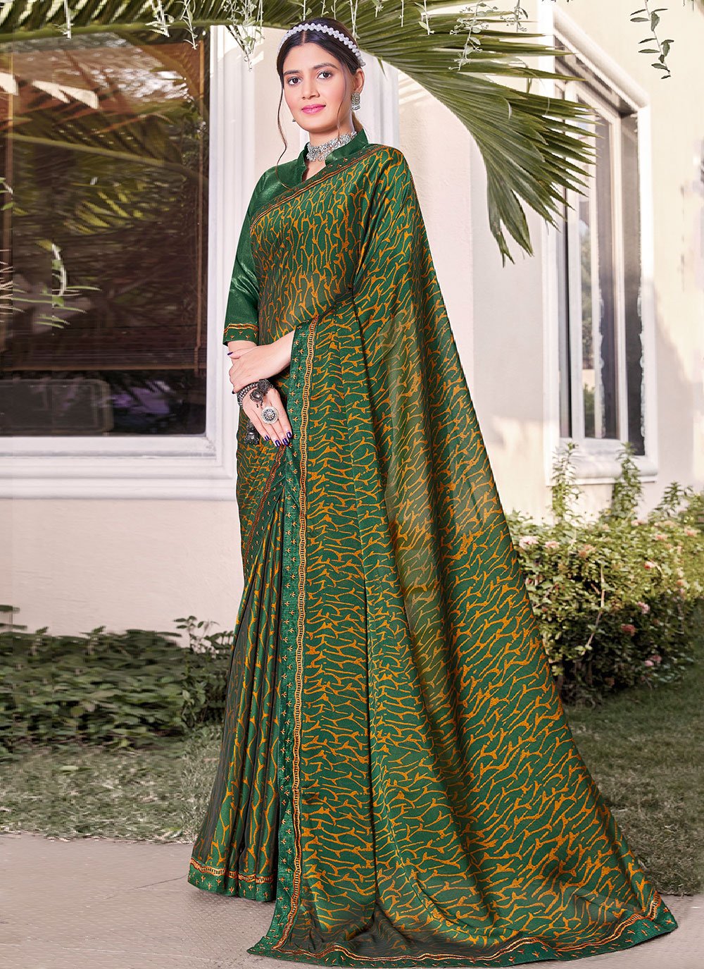 Contemporary Georgette Green Print Saree