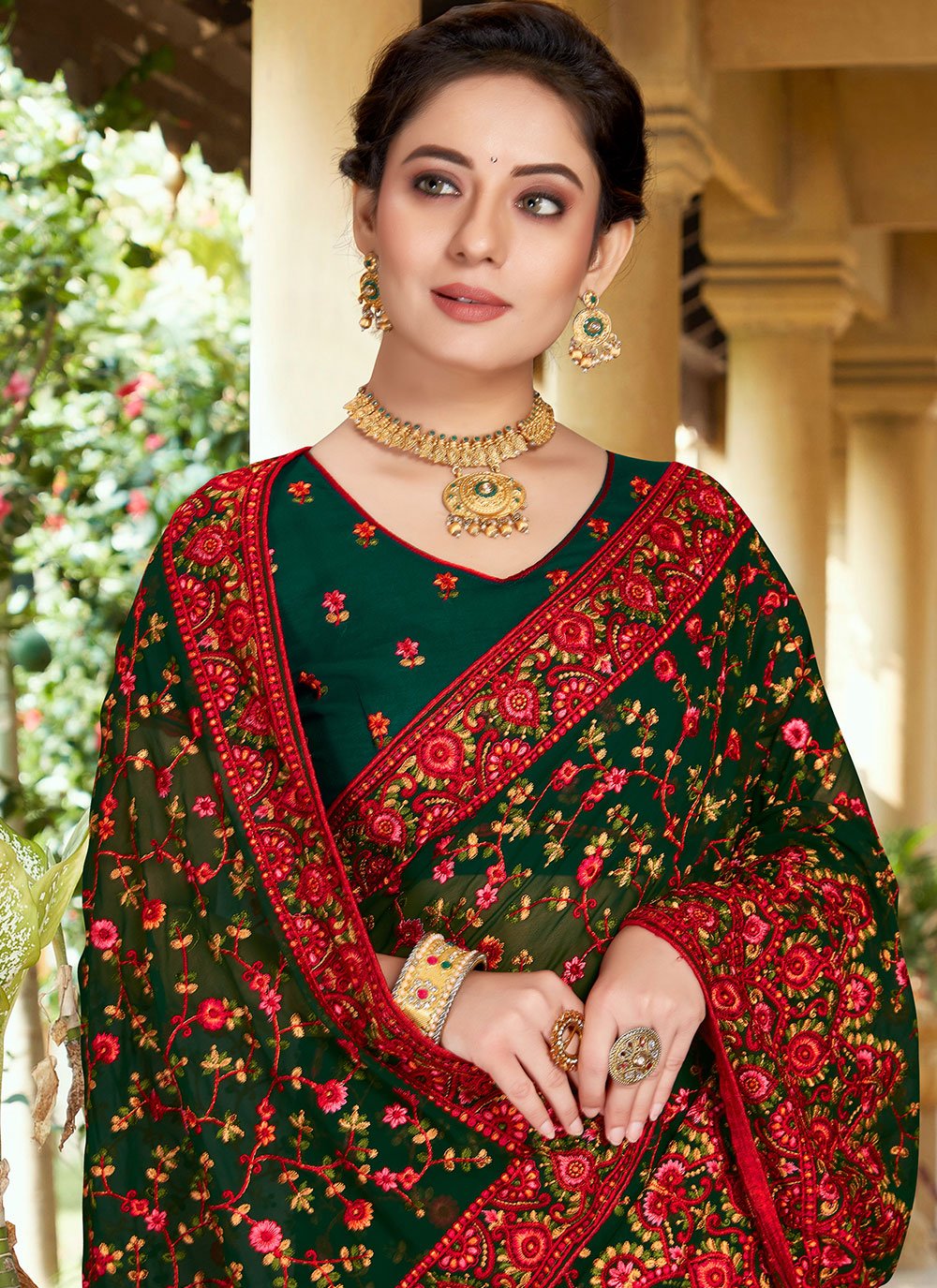 Contemporary Georgette Green Embroidered Saree