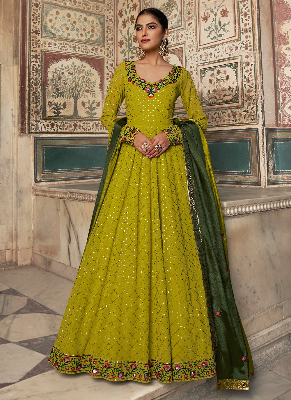 Designer Gown Georgette Green Embroidered Gown