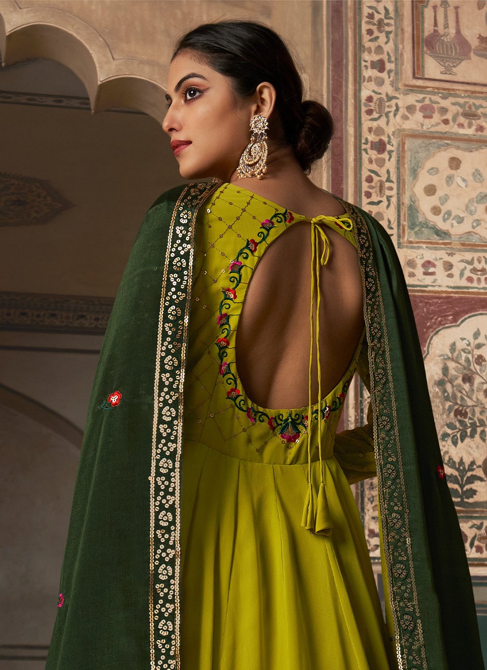 Designer Gown Georgette Green Embroidered Gown