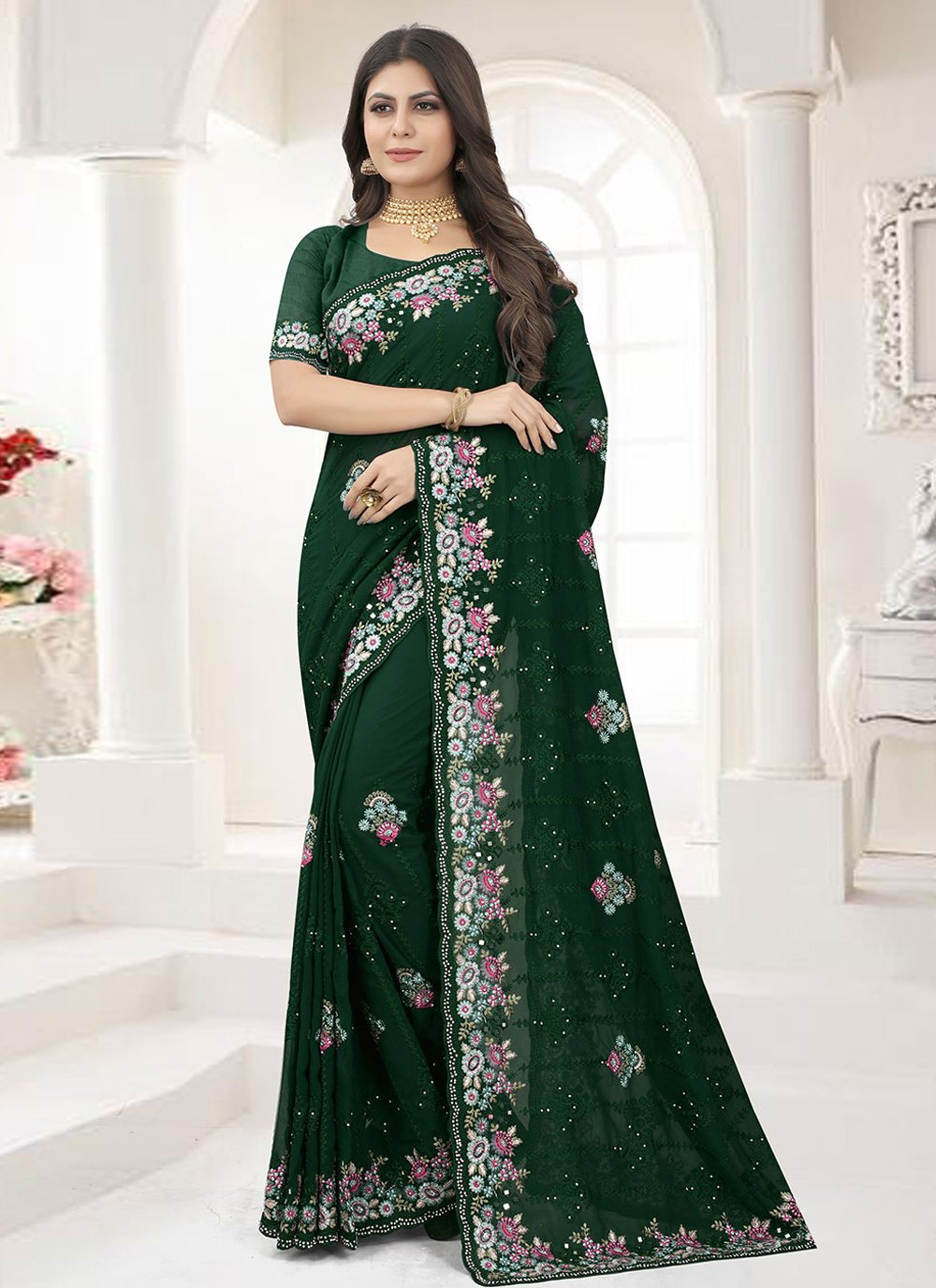 Designer Georgette Green Embroidered Saree