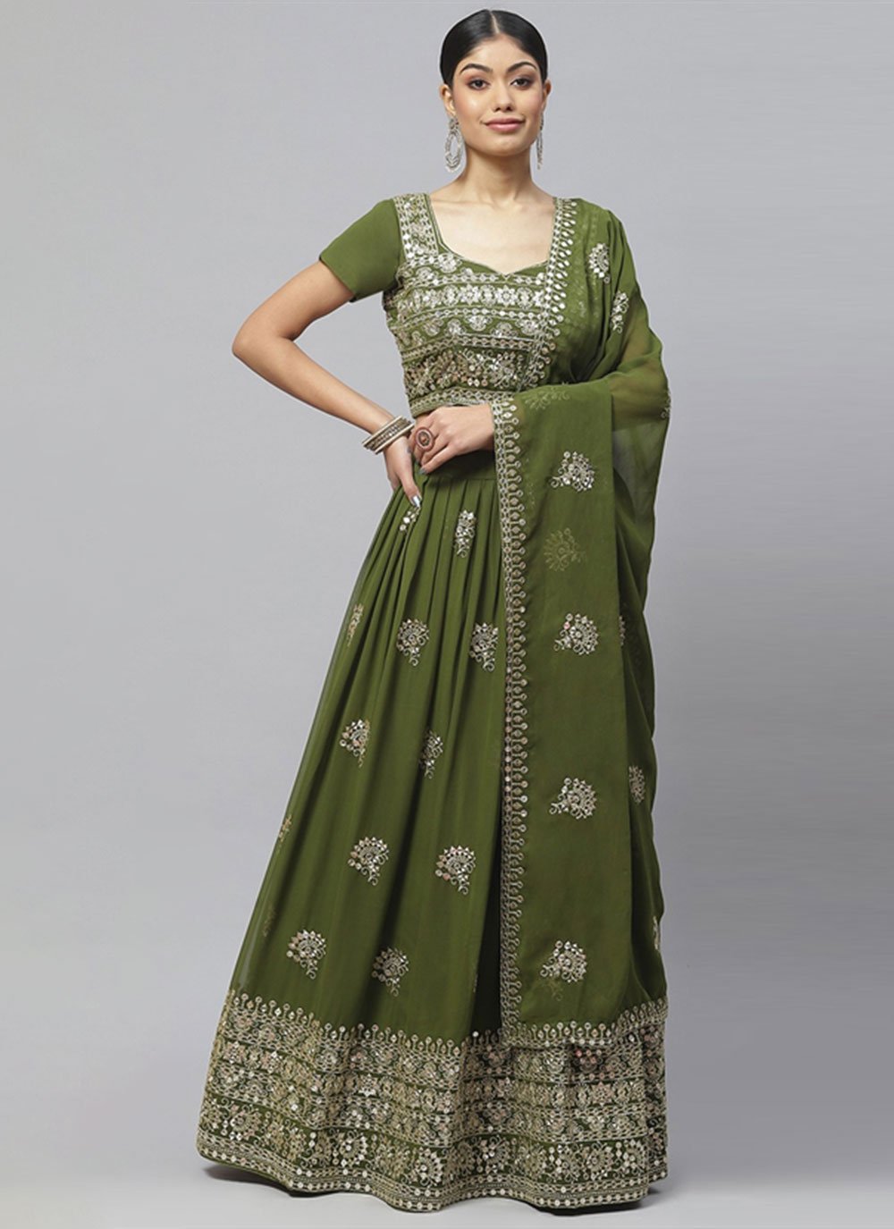 A Line Lehenga Georgette Green Embroidered Lehenga Choli