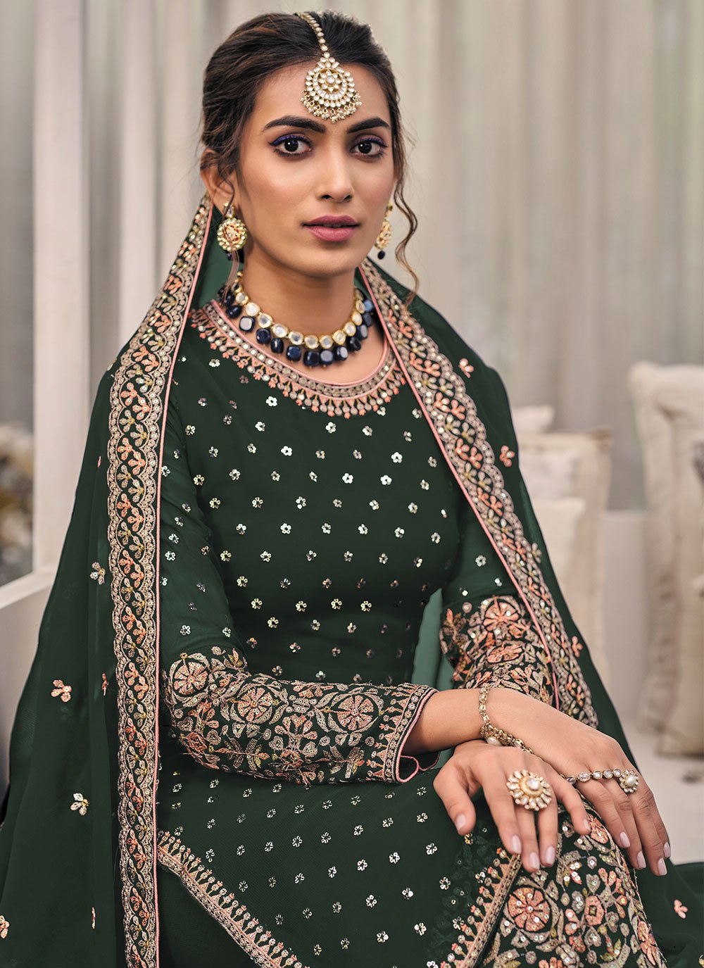 Salwar Suit Georgette Green Embroidered Salwar Kameez