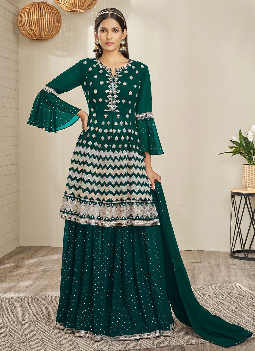 Lehenga Choli Georgette Green Embroidered Lehenga Choli