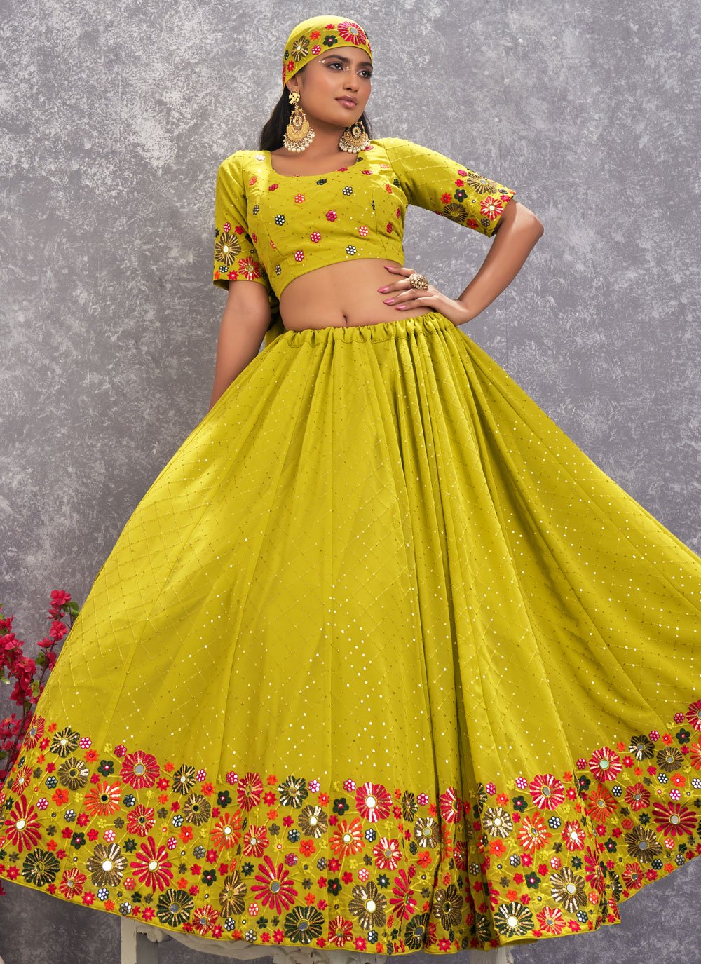 Lehenga Choli Georgette Green Embroidered Lehenga Choli