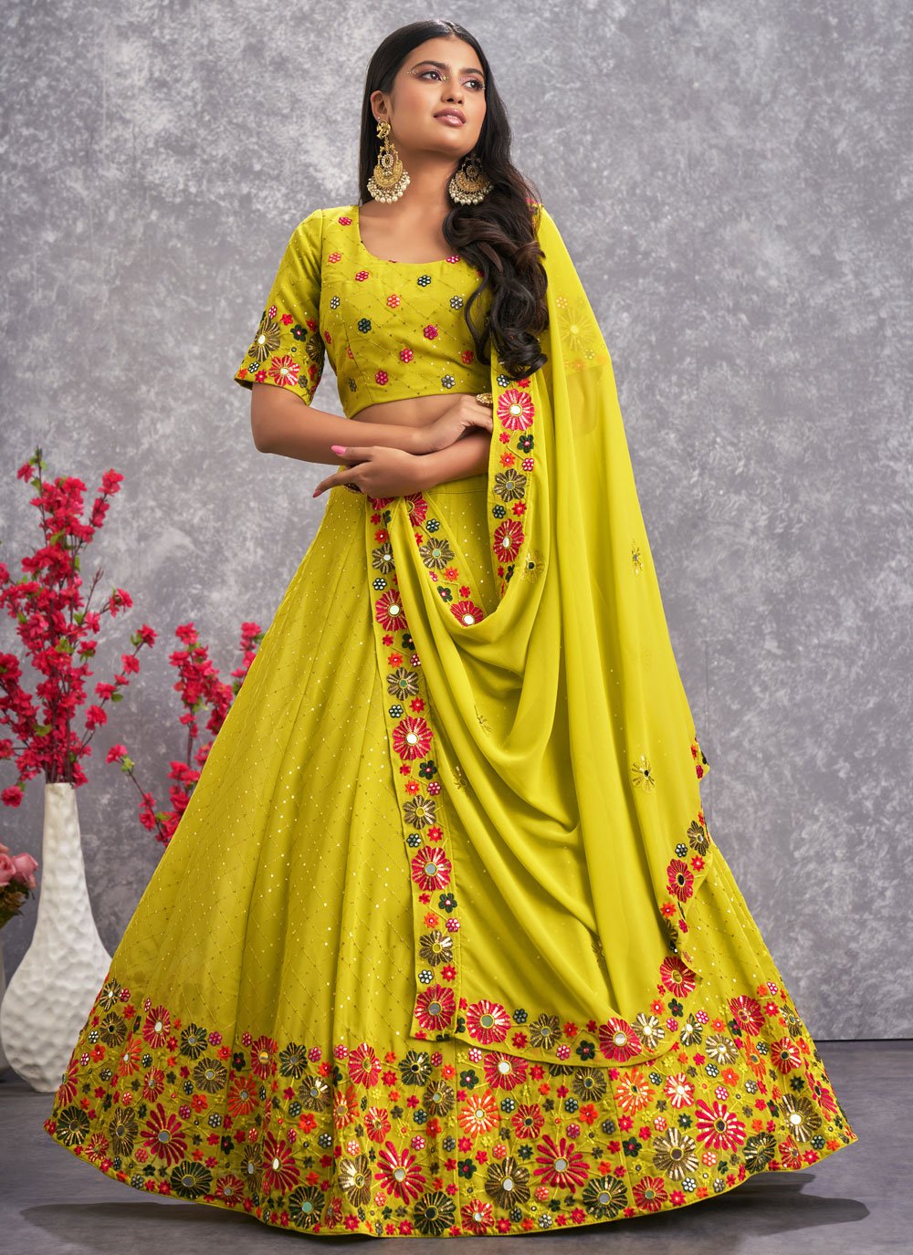 Lehenga Choli Georgette Green Embroidered Lehenga Choli