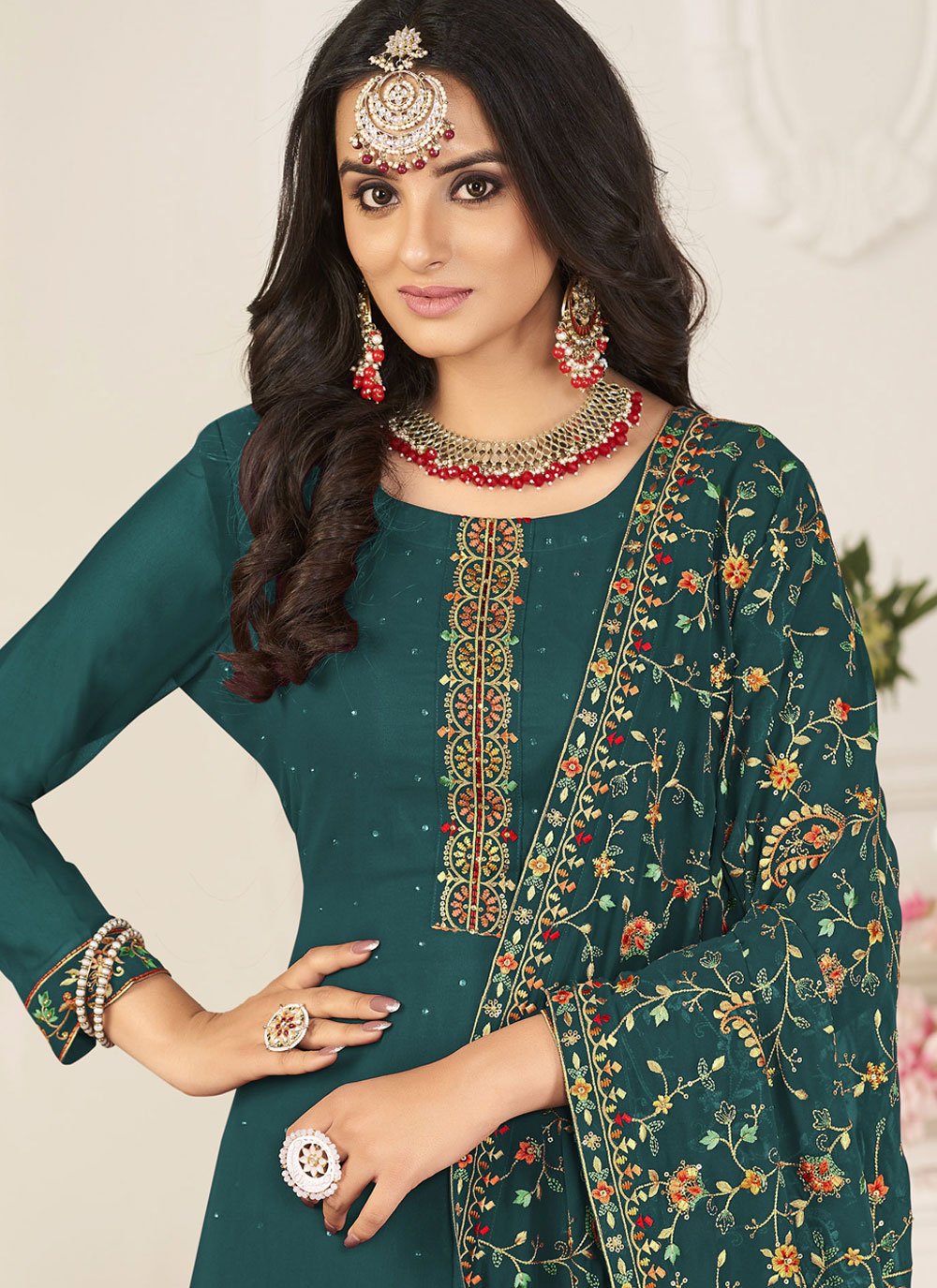 Floor Lenght Salwar Suit Georgette Green Diamond Salwar Kameez