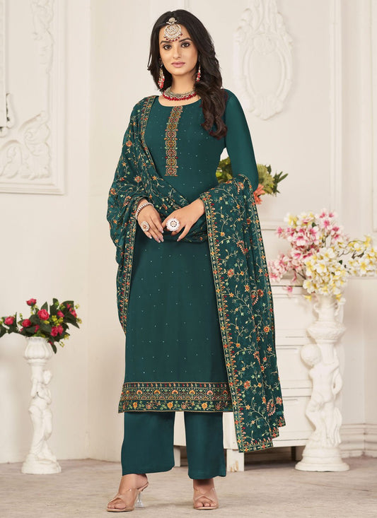 Floor Lenght Salwar Suit Georgette Green Diamond Salwar Kameez