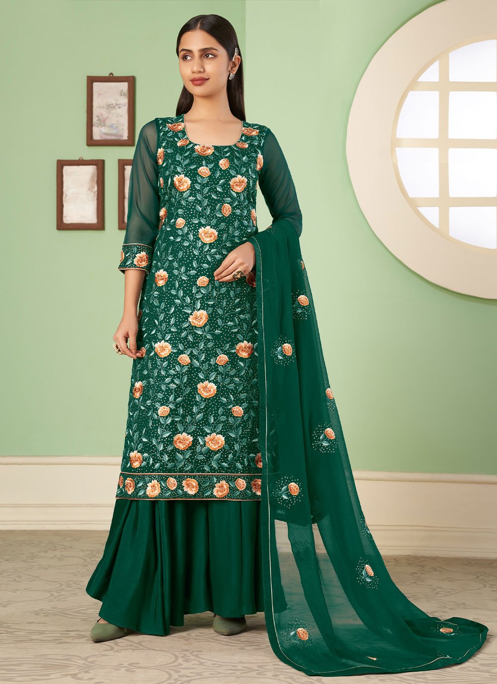 Palazzo Salwar Suit Georgette Green Embroidered Salwar Kameez