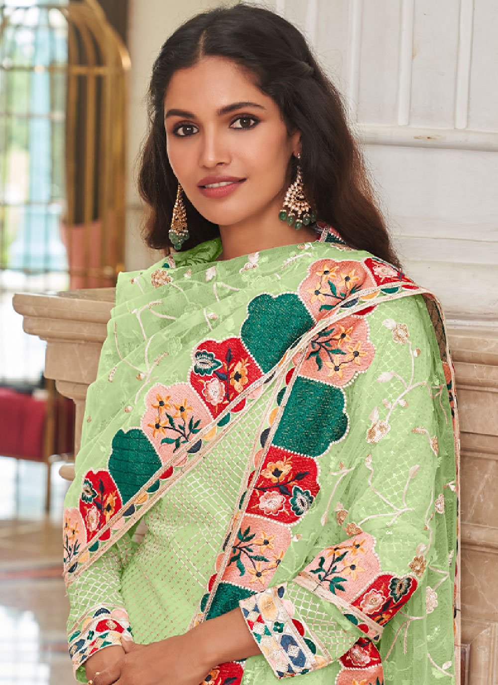 Churidar Suit Georgette Green Embroidered Salwar Kameez