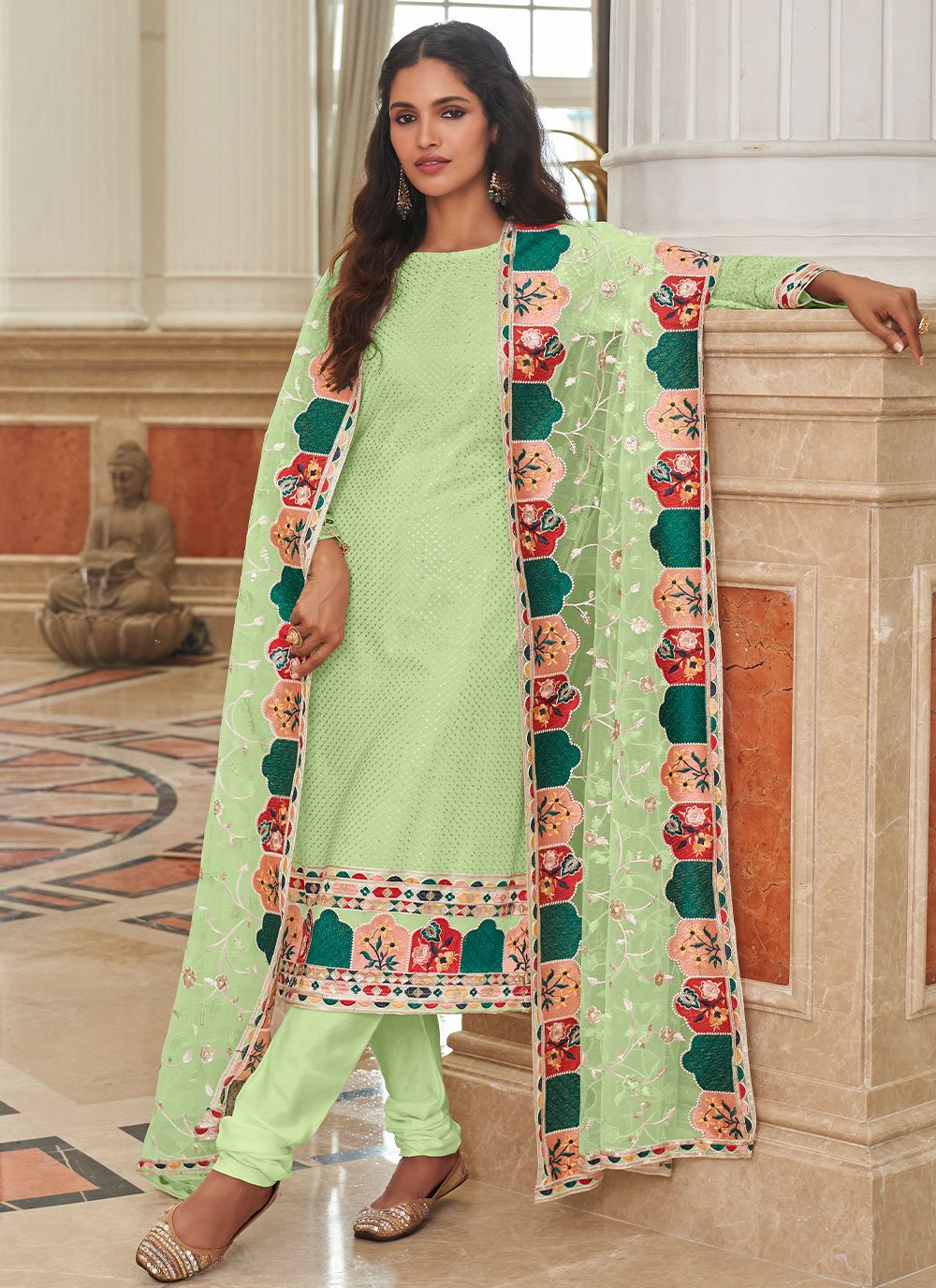 Churidar Suit Georgette Green Embroidered Salwar Kameez