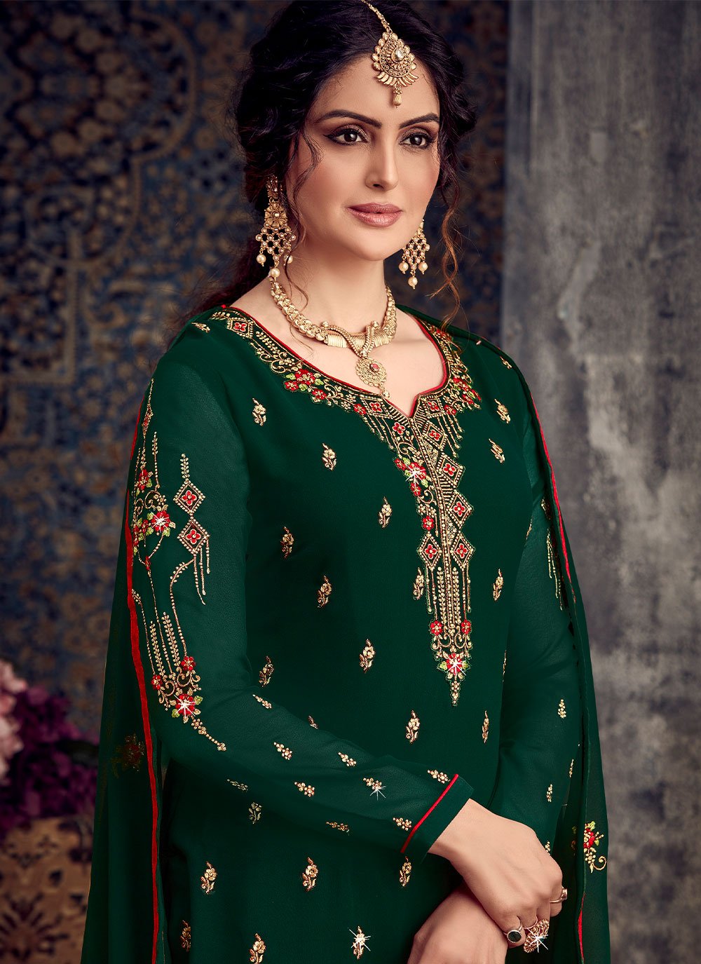 Salwar Suit Georgette Green Embroidered Salwar Kameez