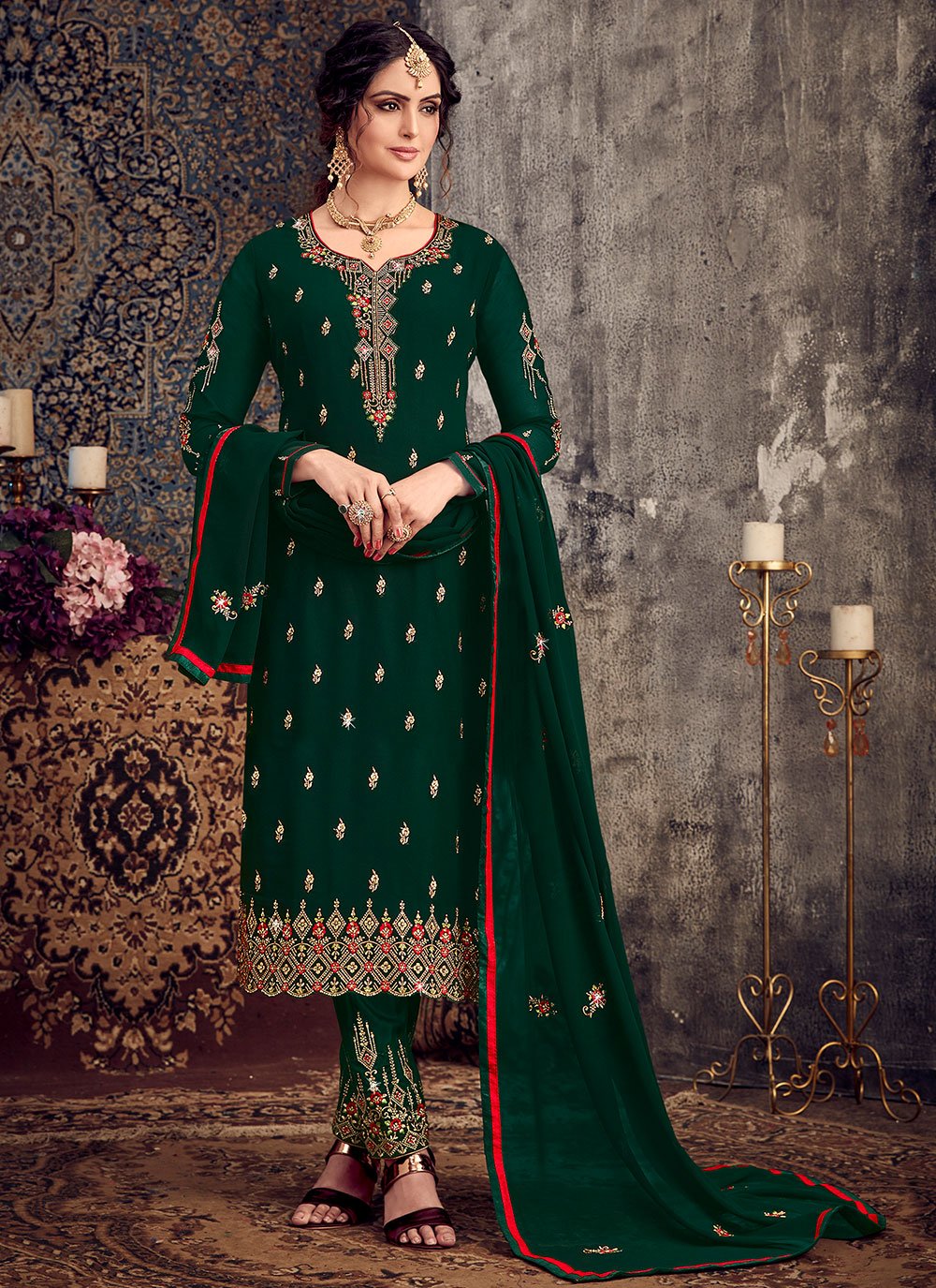 Salwar Suit Georgette Green Embroidered Salwar Kameez