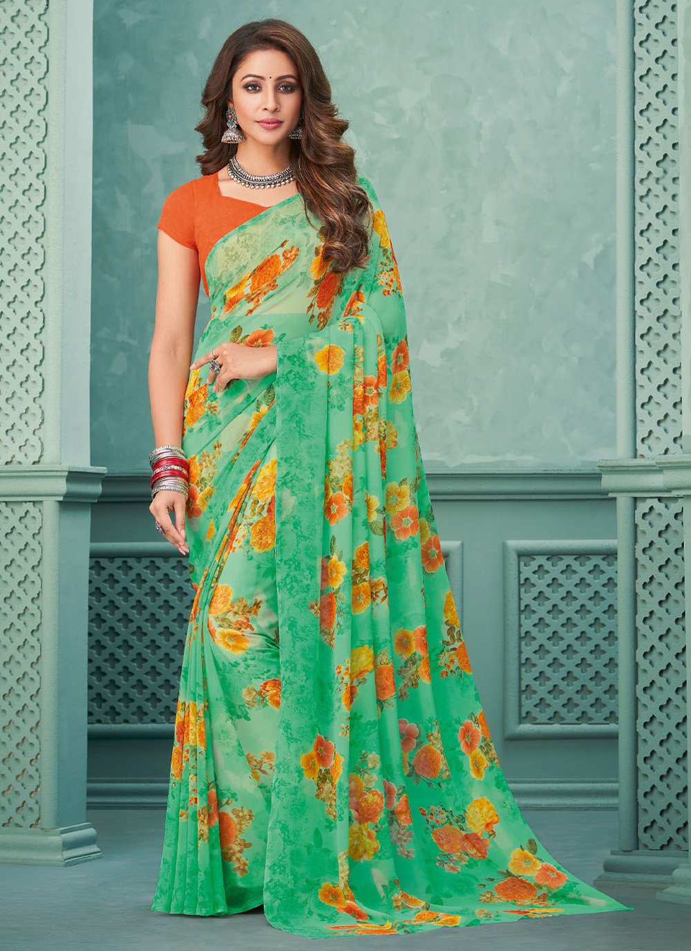 Trendy Saree Georgette Green Floral Patch Saree