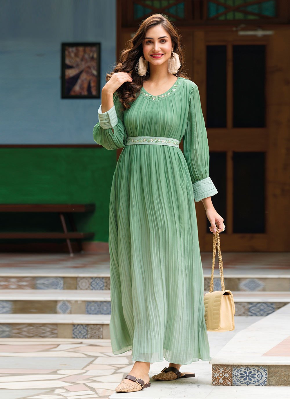 Gown Georgette Green Plain Gown Kajols Indian Pakistani Fashion Tailoring