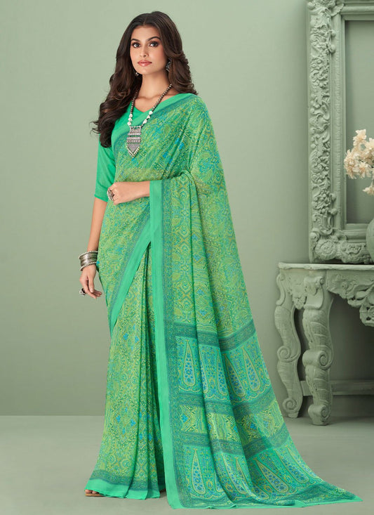 Classic Georgette Green Print Saree