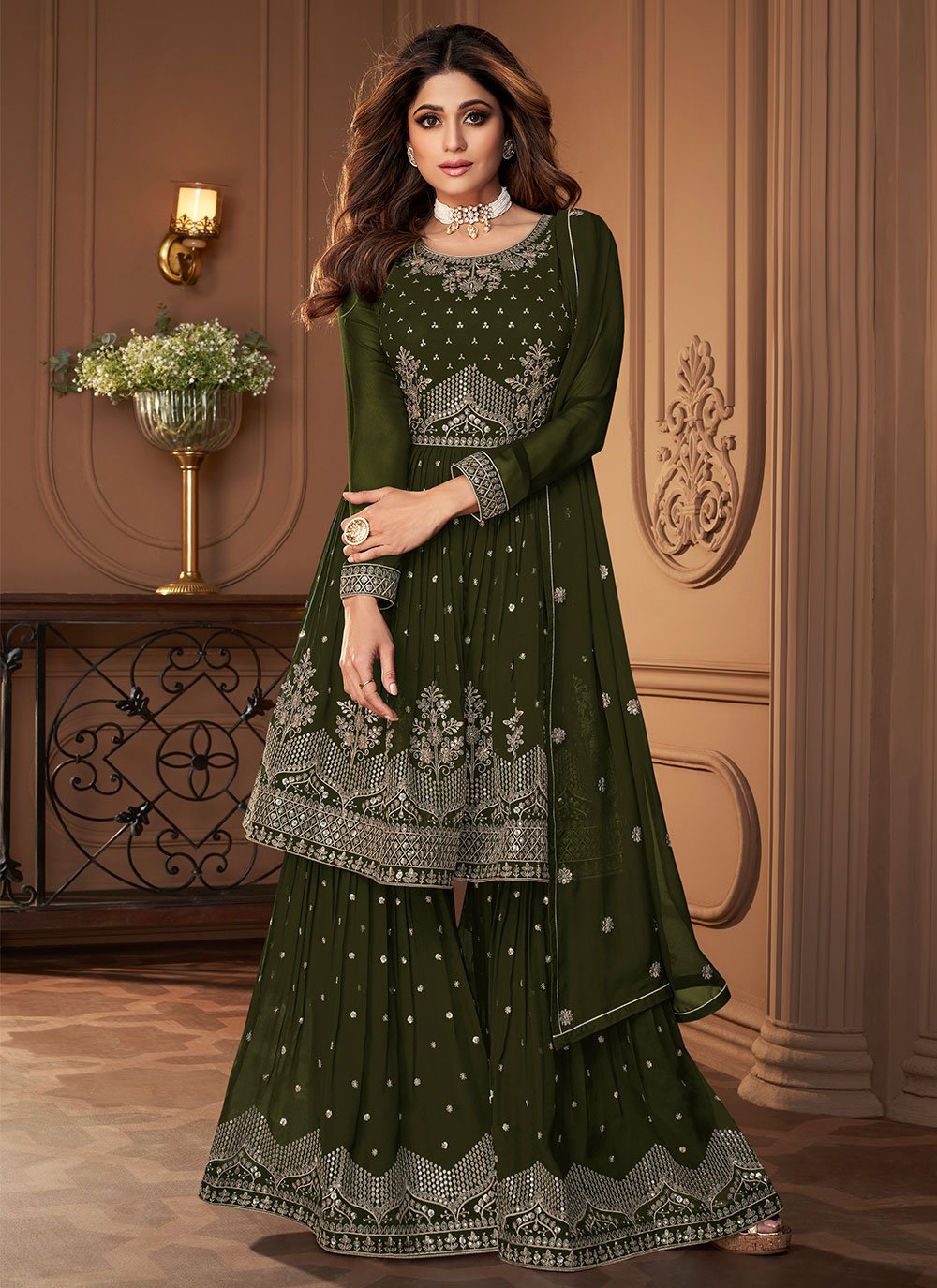 Salwar Suit Georgette Green Embroidered Salwar Kameez