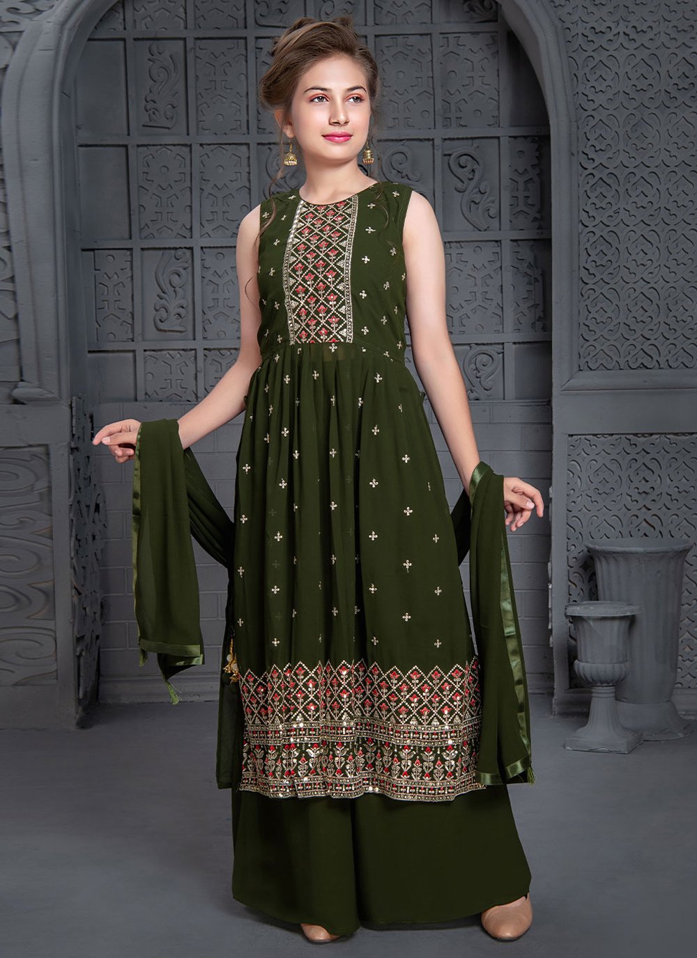 Salwar Suit Georgette Green Embroidered Kids