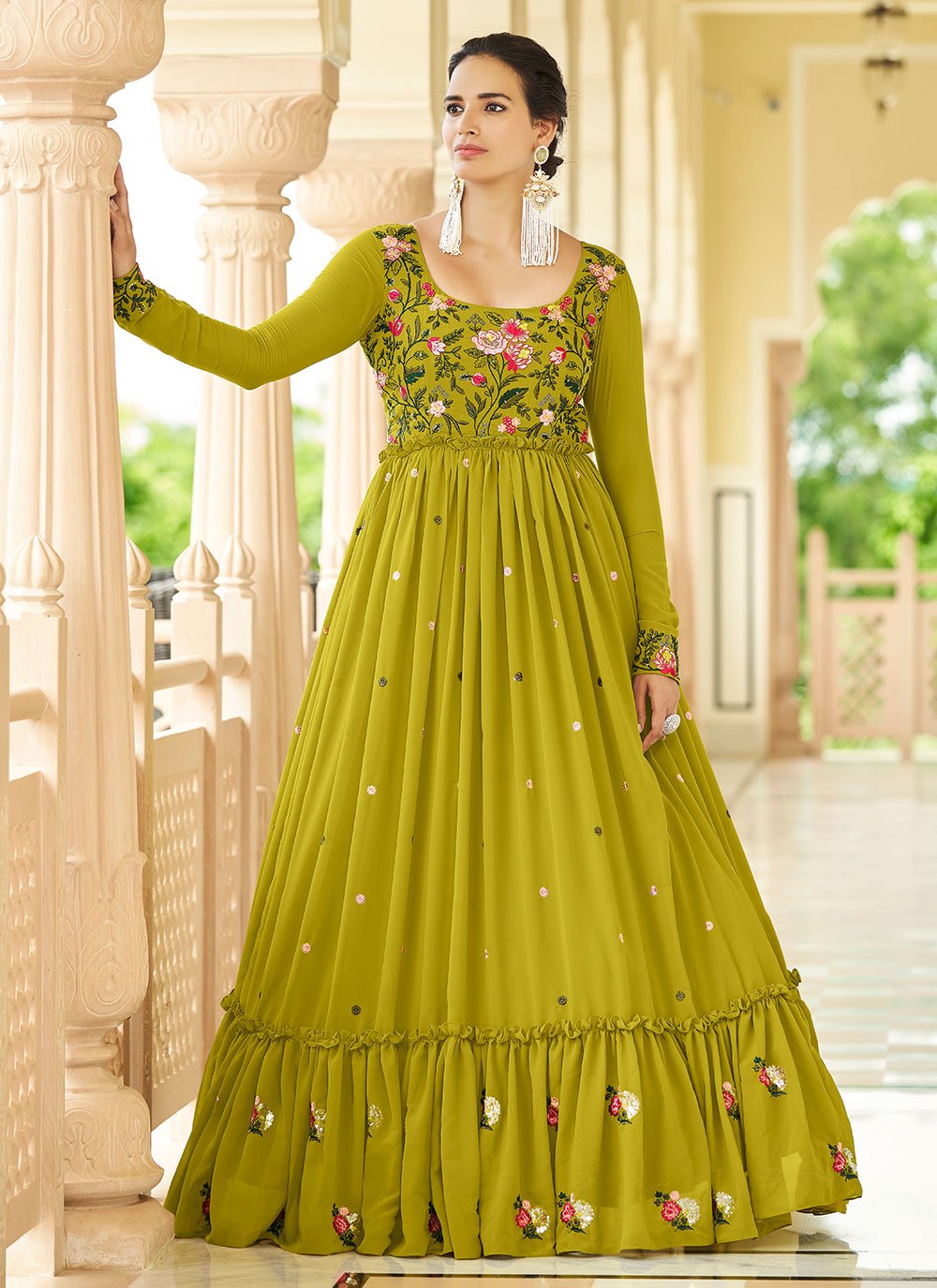 Gown Georgette Green Embroidered Gown