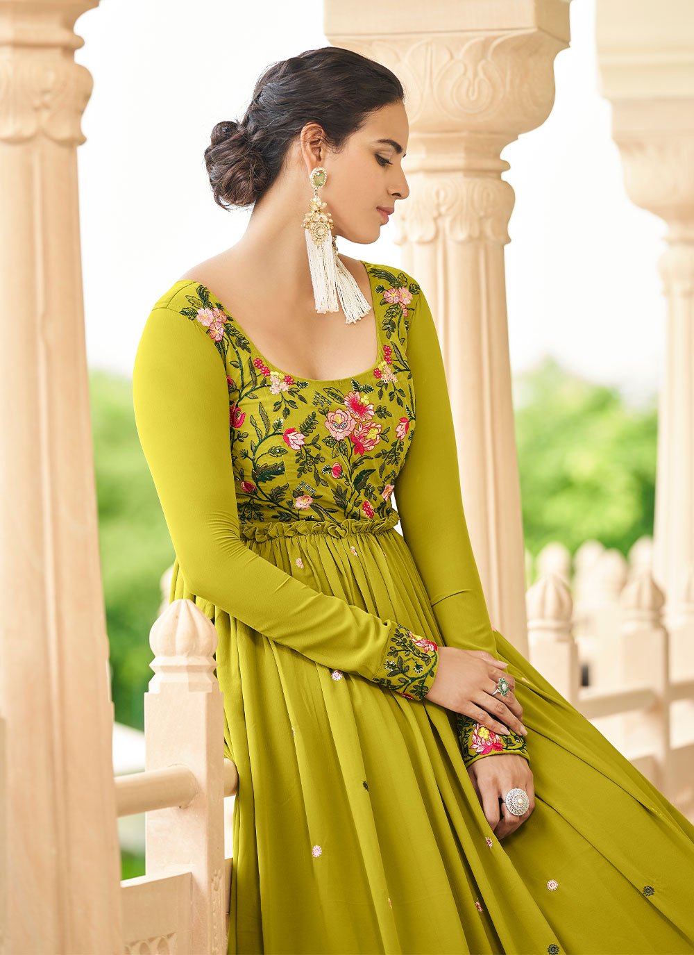 Gown Georgette Green Embroidered Gown