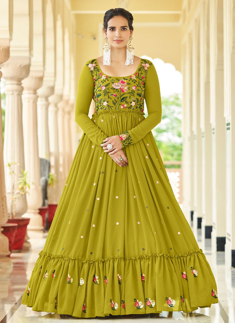 Gown Georgette Green Embroidered Gown