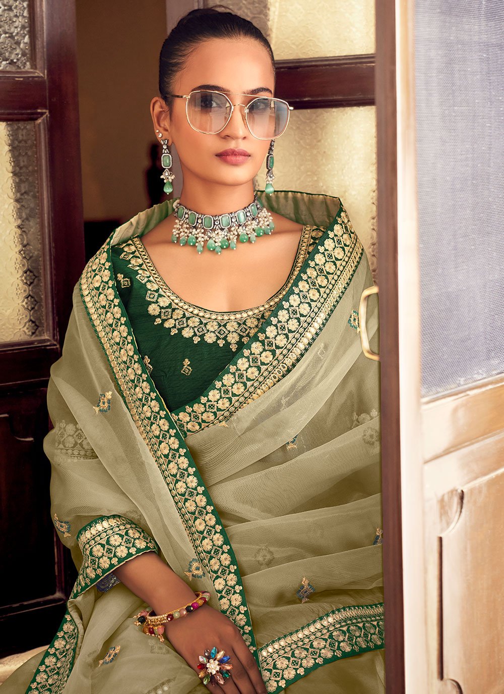 Classic Georgette Green Embroidered Saree