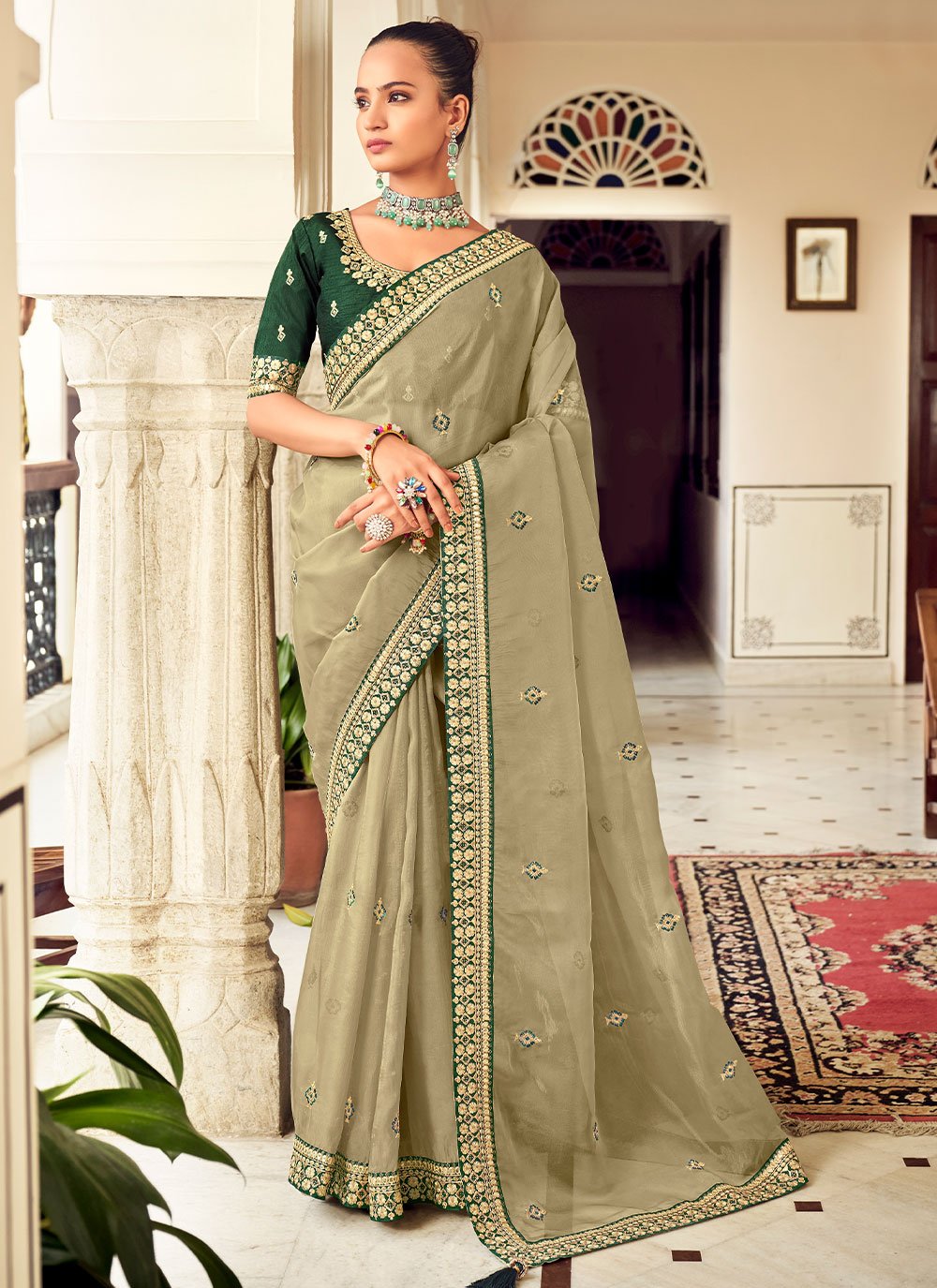 Classic Georgette Green Embroidered Saree