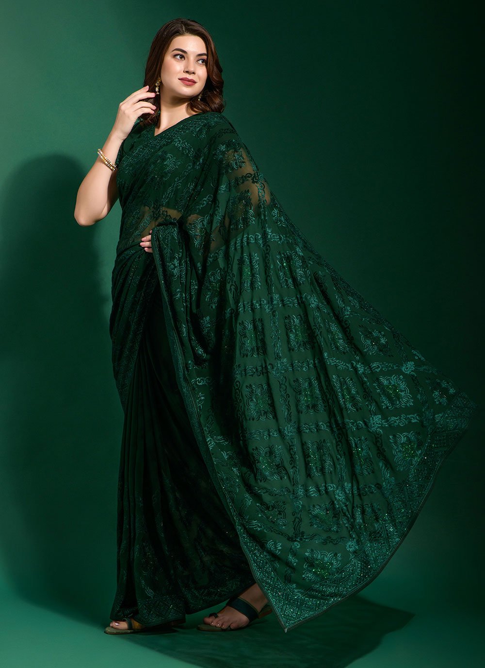 Classic Georgette Green Diamond Saree