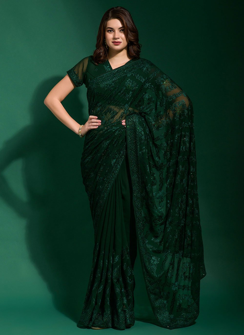 Classic Georgette Green Diamond Saree