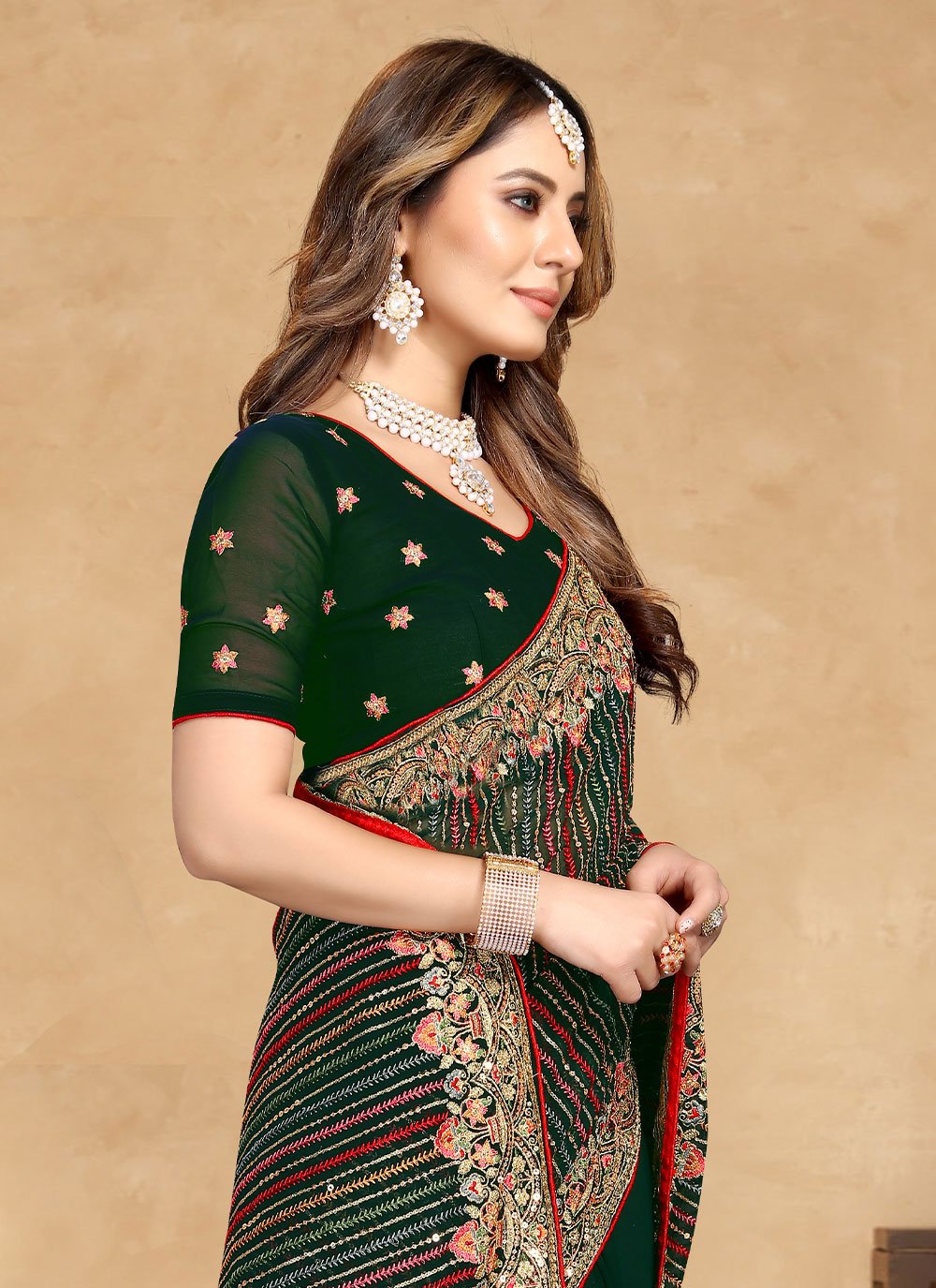 Designer Georgette Green Embroidered Saree