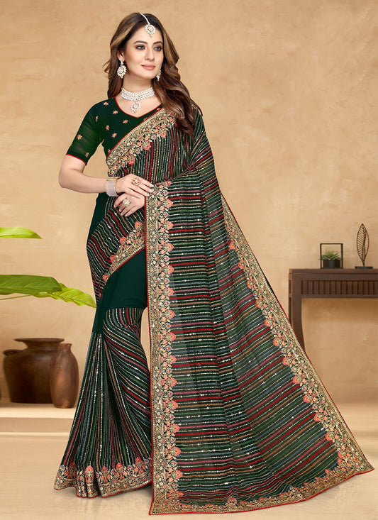 Designer Georgette Green Embroidered Saree