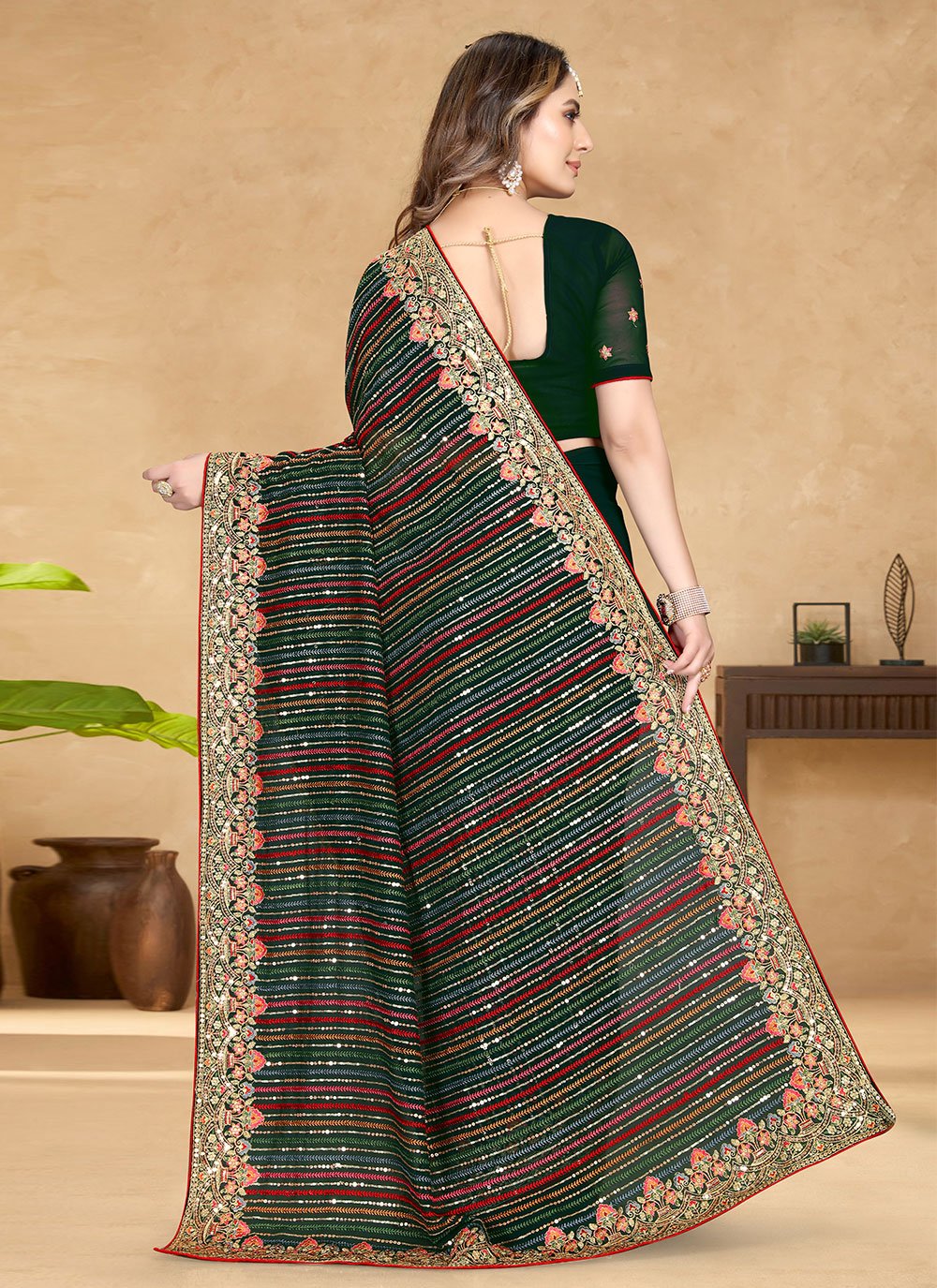 Designer Georgette Green Embroidered Saree