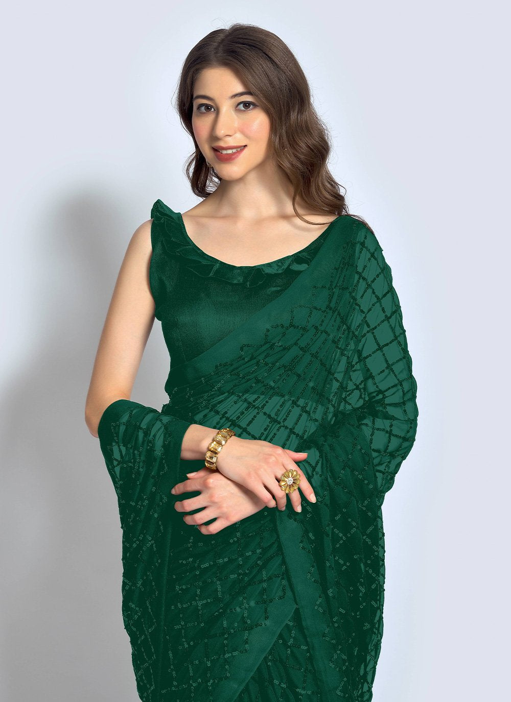 Designer Georgette Green Sequins Saree