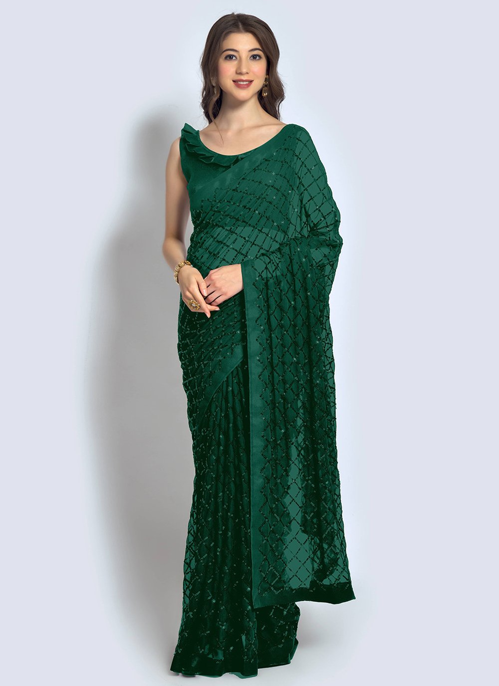 Designer Georgette Green Sequins Saree