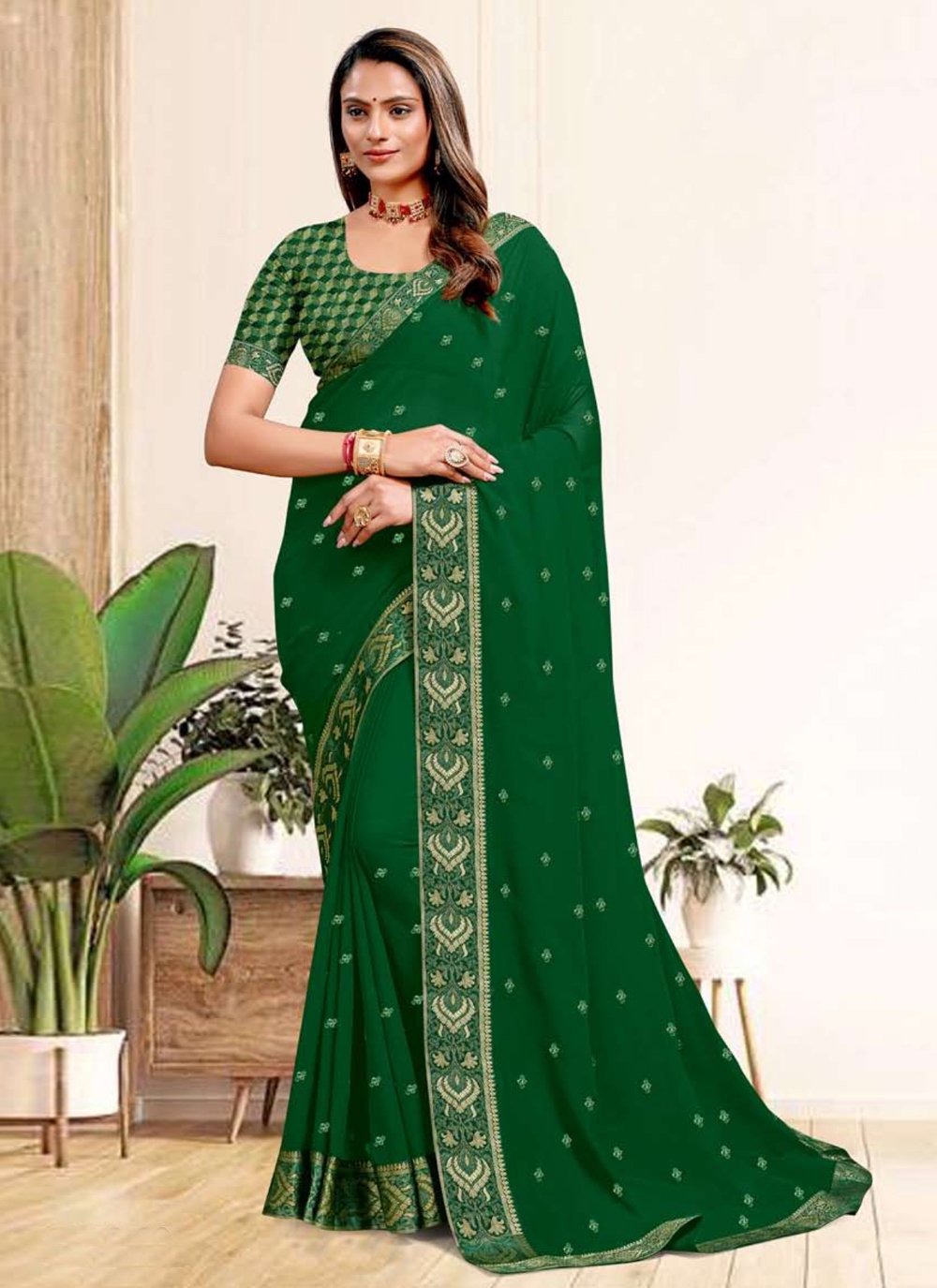 Trendy Saree Georgette Green Embroidered Saree