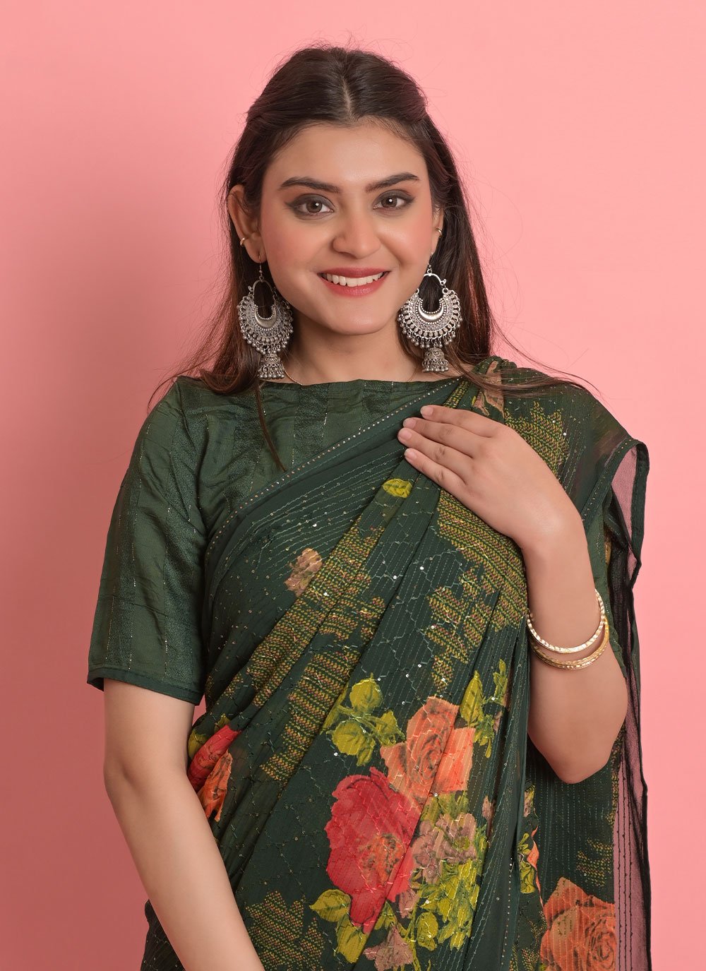 Trendy Saree Georgette Green Floral Patch Saree