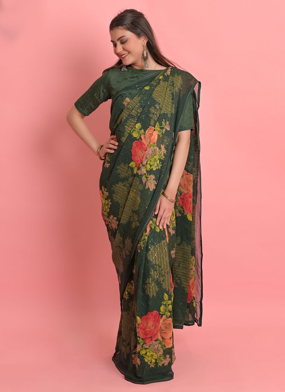 Trendy Saree Georgette Green Floral Patch Saree