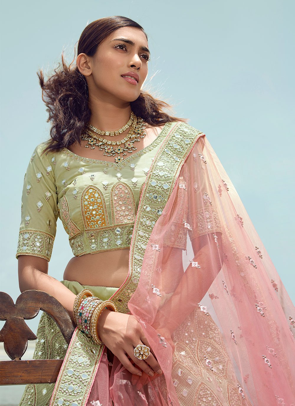 Lehenga Choli Organza Green Embroidered Lehenga Choli