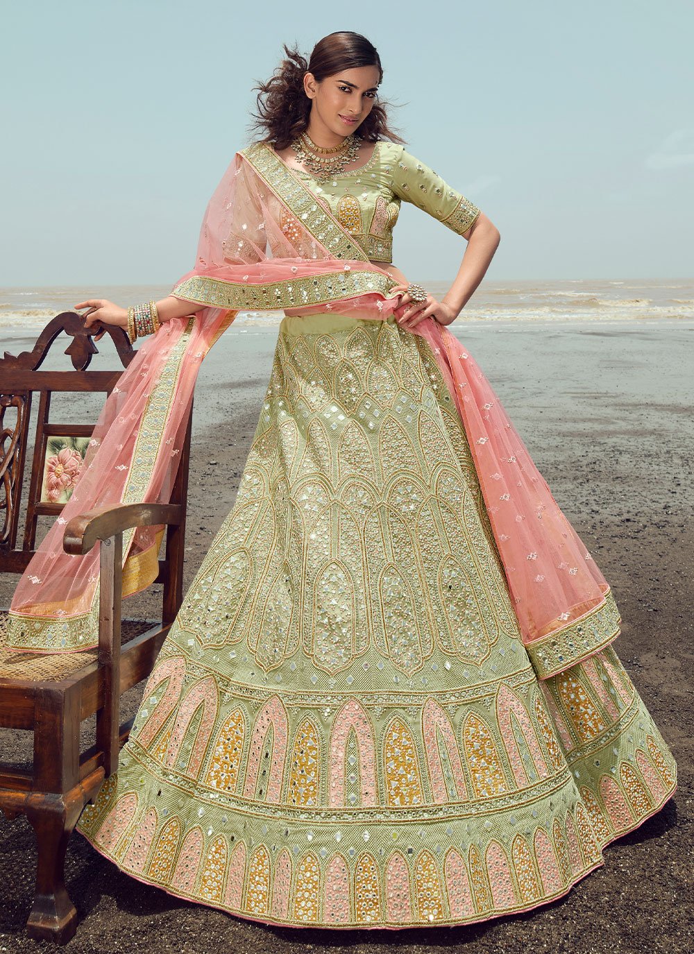 Lehenga Choli Organza Green Embroidered Lehenga Choli