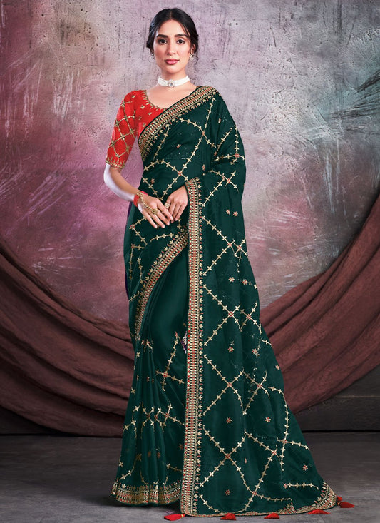 Classic Net Organza Green Embroidered Saree