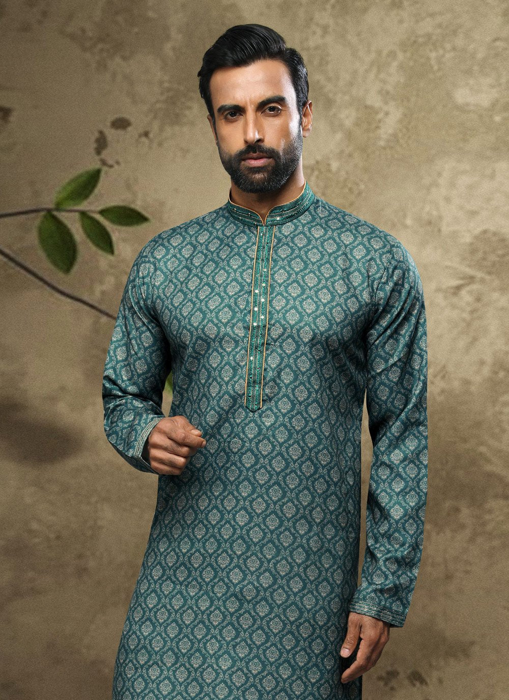 Kurta Pyjama Handloom Cotton Green Digital Print Mens