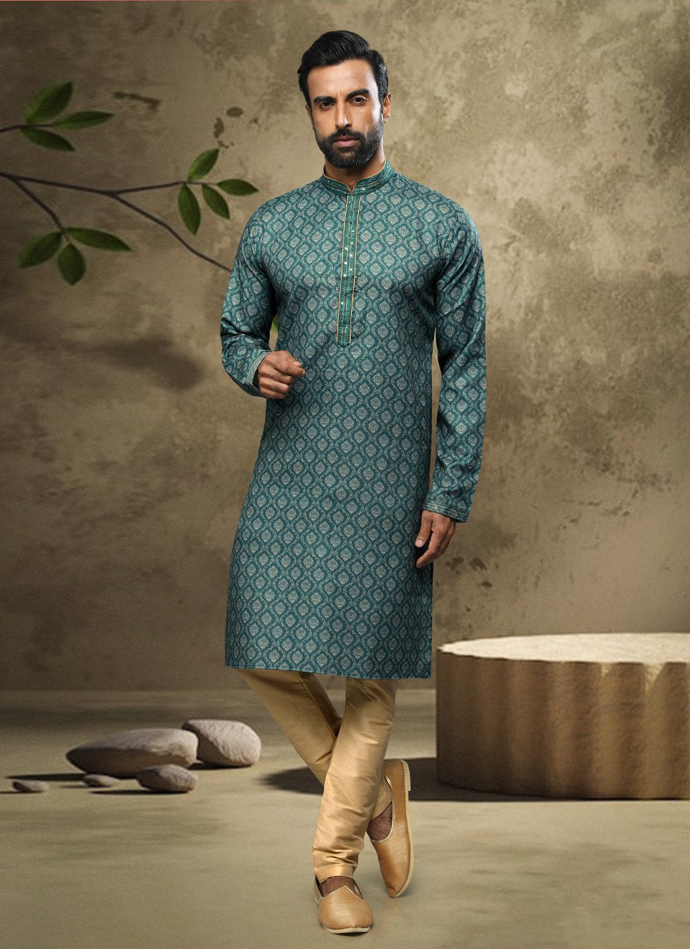 Kurta Pyjama Handloom Cotton Green Digital Print Mens